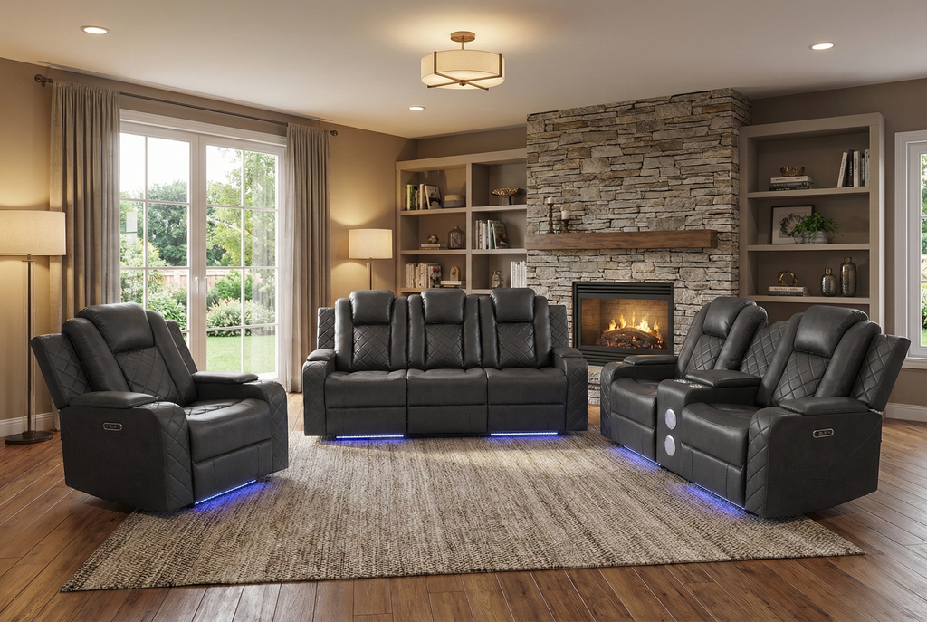 3-Piece Gray Power Reclining Living Room Set w/ Power Headrests, LED, USB & Bluetooth