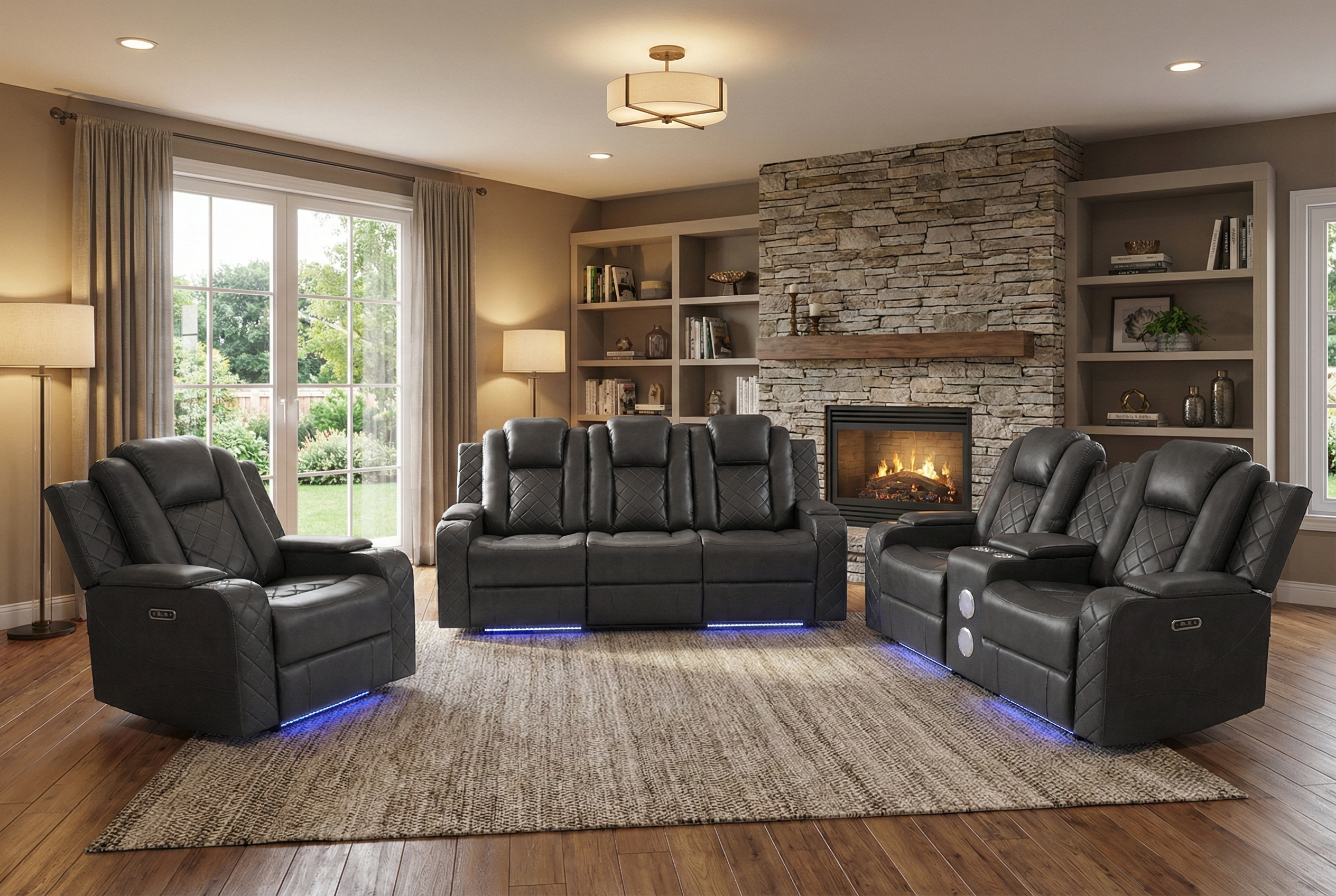 3-Piece Gray Power Reclining Living Room Set w/ Power Headrests, LED, USB & Bluetooth