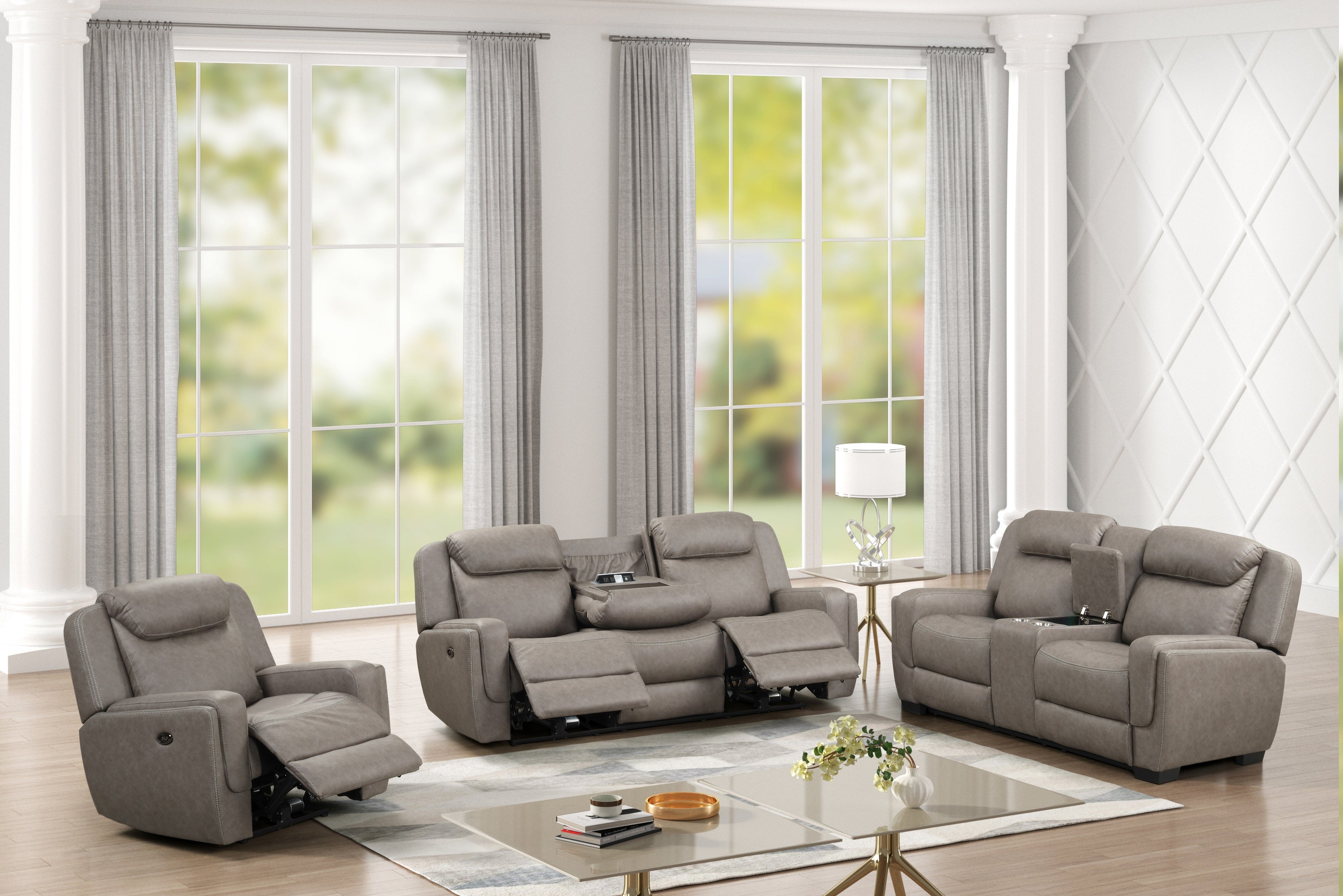 Contemporary Gray Air Leather 3-Piece Power Reclining Living Room Set with Console & USB