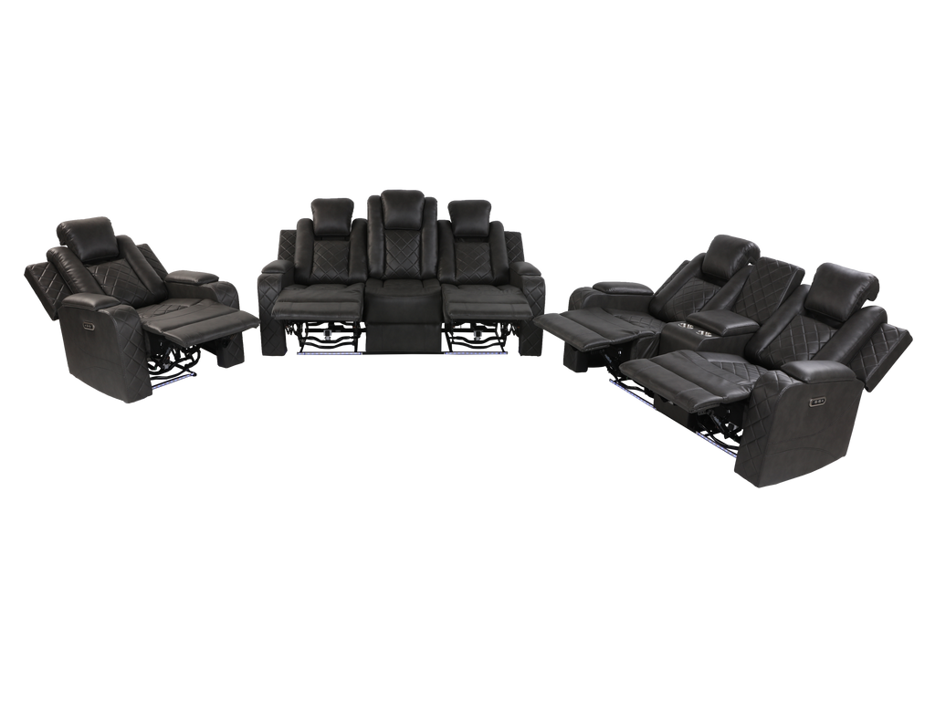 3-Piece Gray Power Reclining Living Room Set w/ Power Headrests, LED, USB & Bluetooth