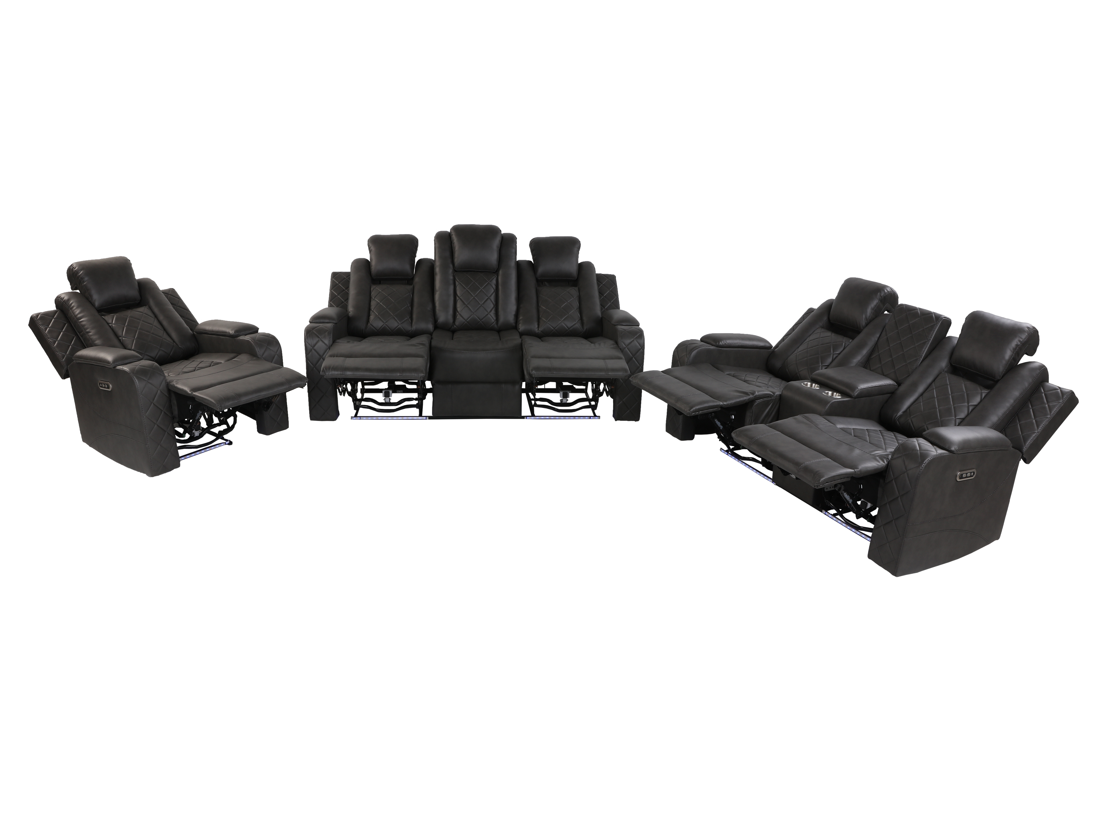 3-Piece Gray Power Reclining Living Room Set w/ Power Headrests, LED, USB & Bluetooth