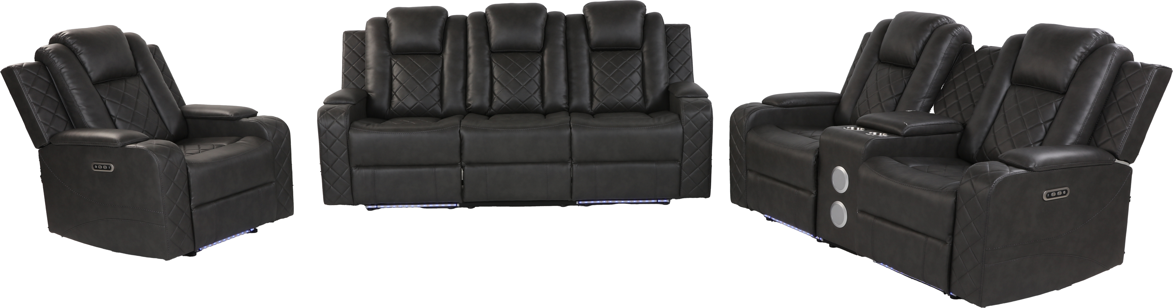 3-Piece Gray Power Reclining Living Room Set w/ Power Headrests, LED, USB & Bluetooth