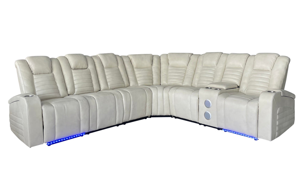 Modern Contemporary Cream Power Reclining Sectional w/ Power Headrests, LED, Wireless + USB Charging, Storage & Bluetooth Console