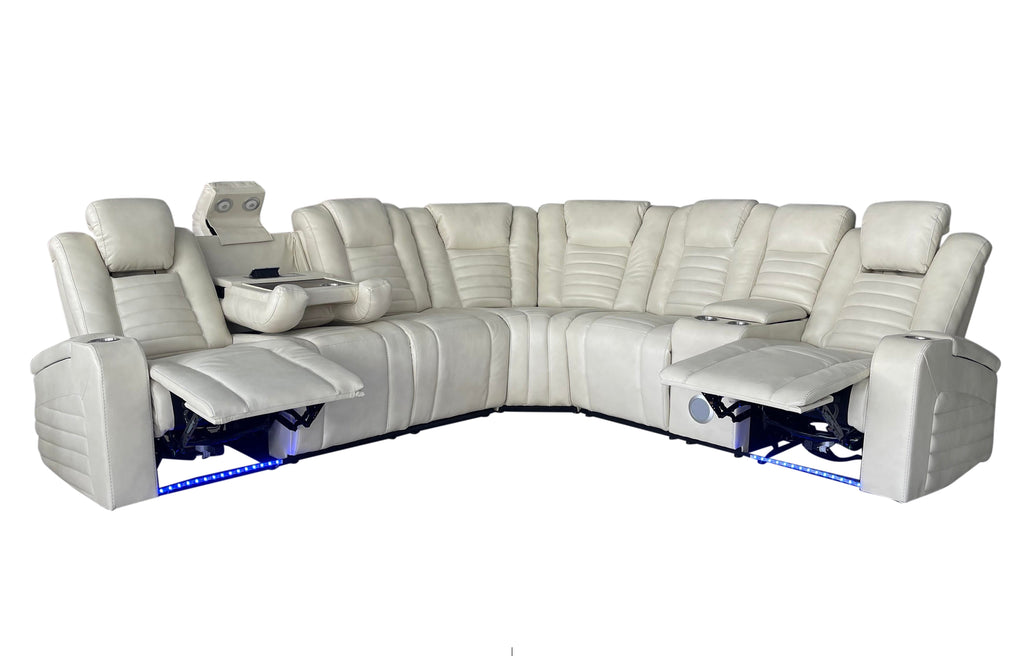 Modern Contemporary Cream Power Reclining Sectional w/ Power Headrests, LED, Wireless + USB Charging, Storage & Bluetooth Console
