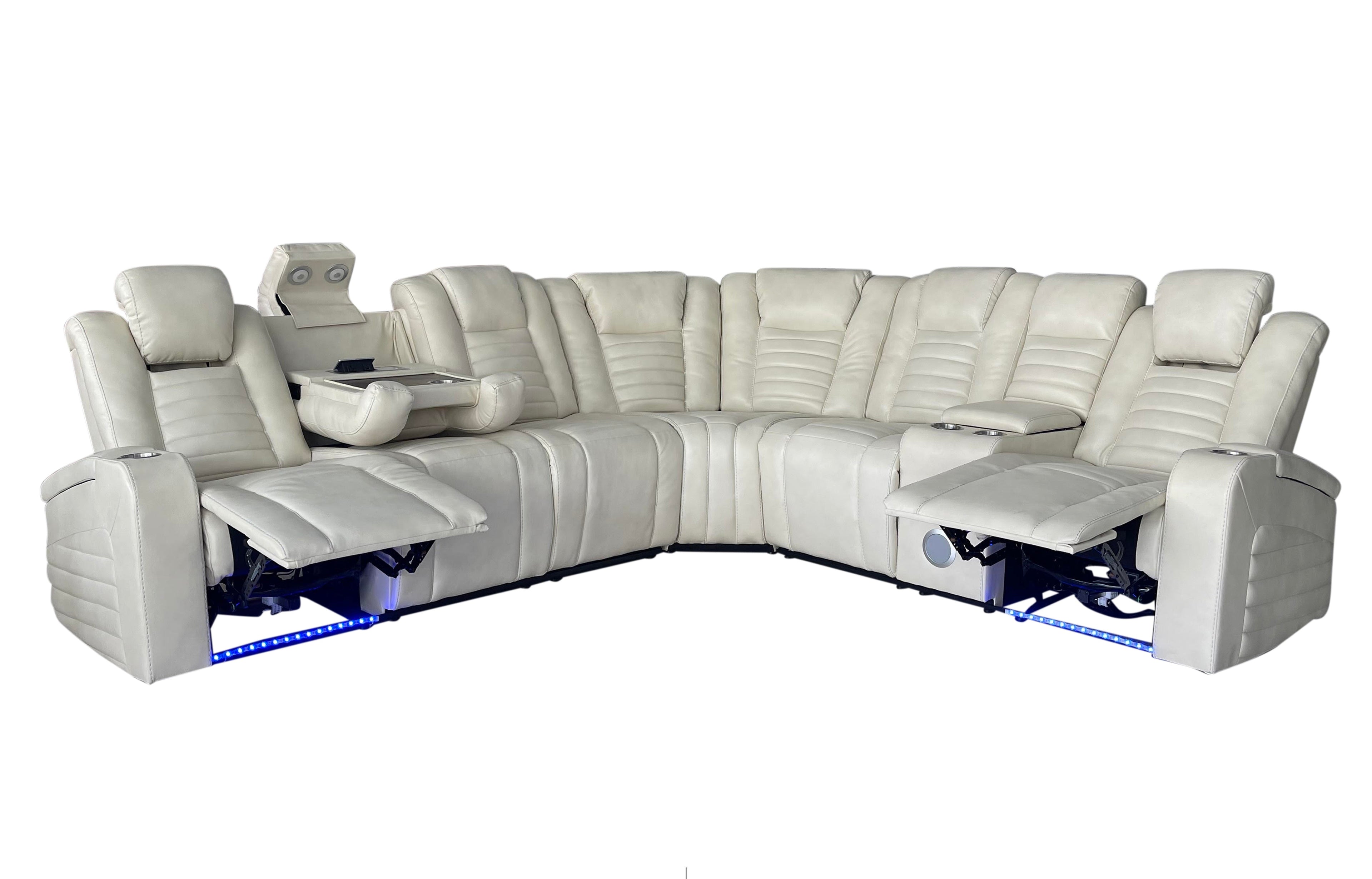 Modern Contemporary Cream Power Reclining Sectional w/ Power Headrests, LED, Wireless + USB Charging, Storage & Bluetooth Console