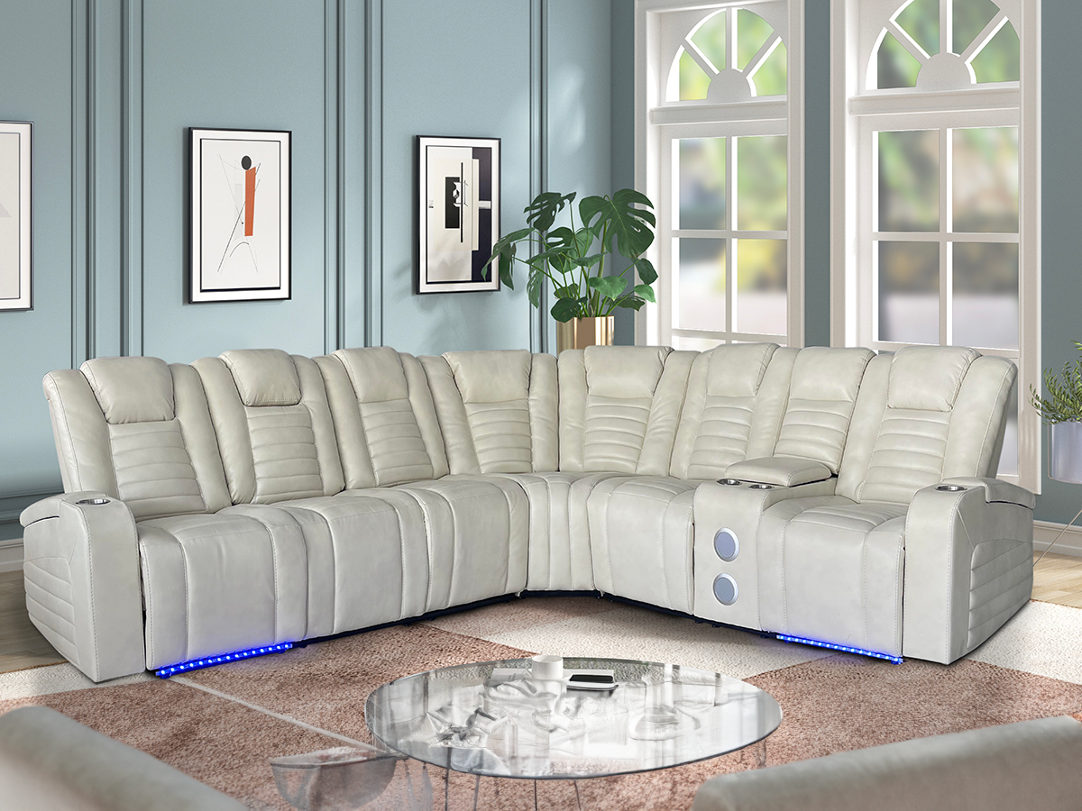 Modern Contemporary Cream Power Reclining Sectional w/ Power Headrests, LED, Wireless + USB Charging, Storage & Bluetooth Console