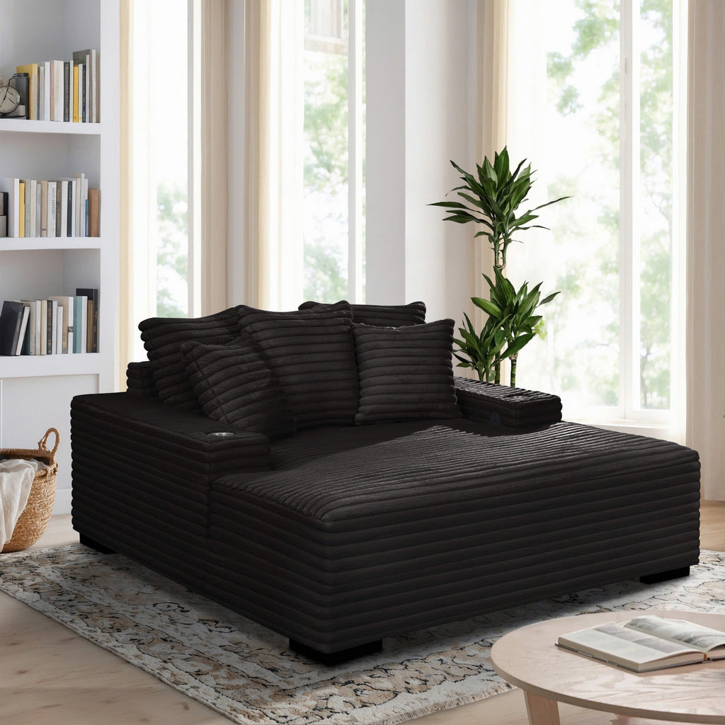 Midnight Black Velvet Chaise Lounge with Dual Cupholders & USB Charging Ports
