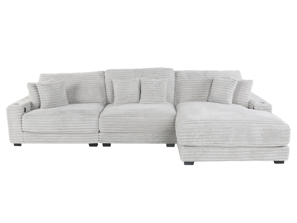 Light Gray Corduroy Sectional Sofa with Chaise & Plush Pillows