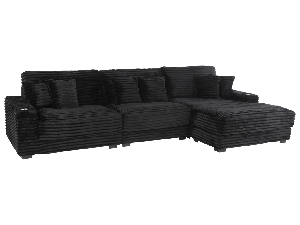 Midnight Black Wide Wale Corduroy Modular Sectional with Chaise, USB Charging & Cup Holders