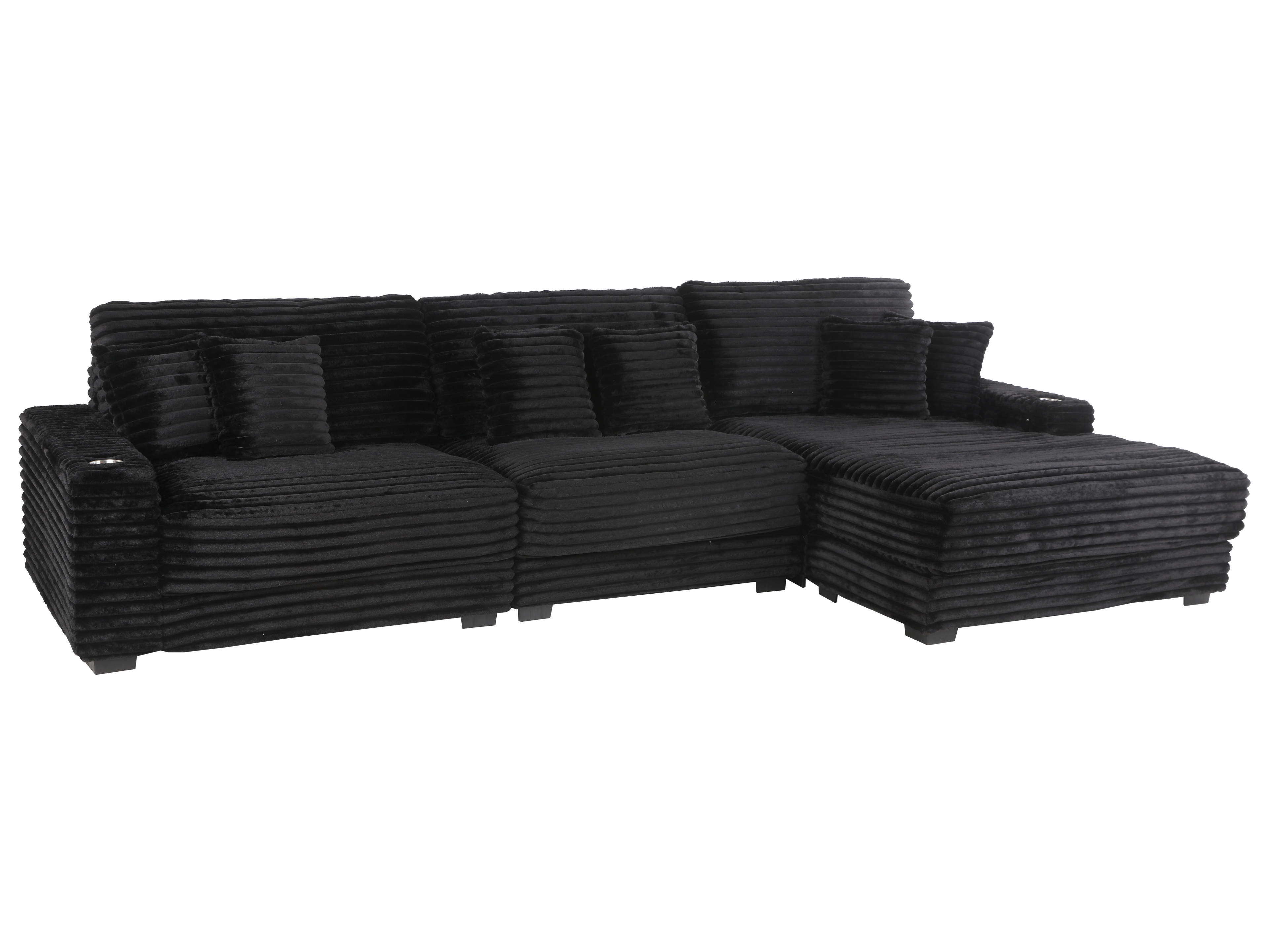 Midnight Black Wide Wale Corduroy Modular Sectional with Chaise, USB Charging & Cup Holders