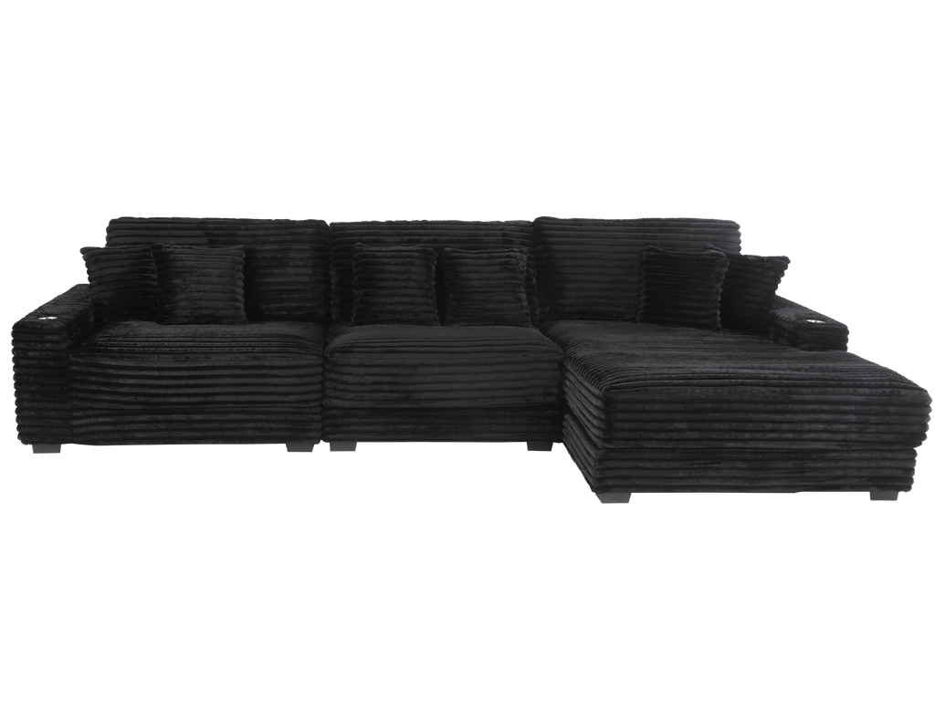 Midnight Black Wide Wale Corduroy Modular Sectional with Chaise, USB Charging & Cup Holders