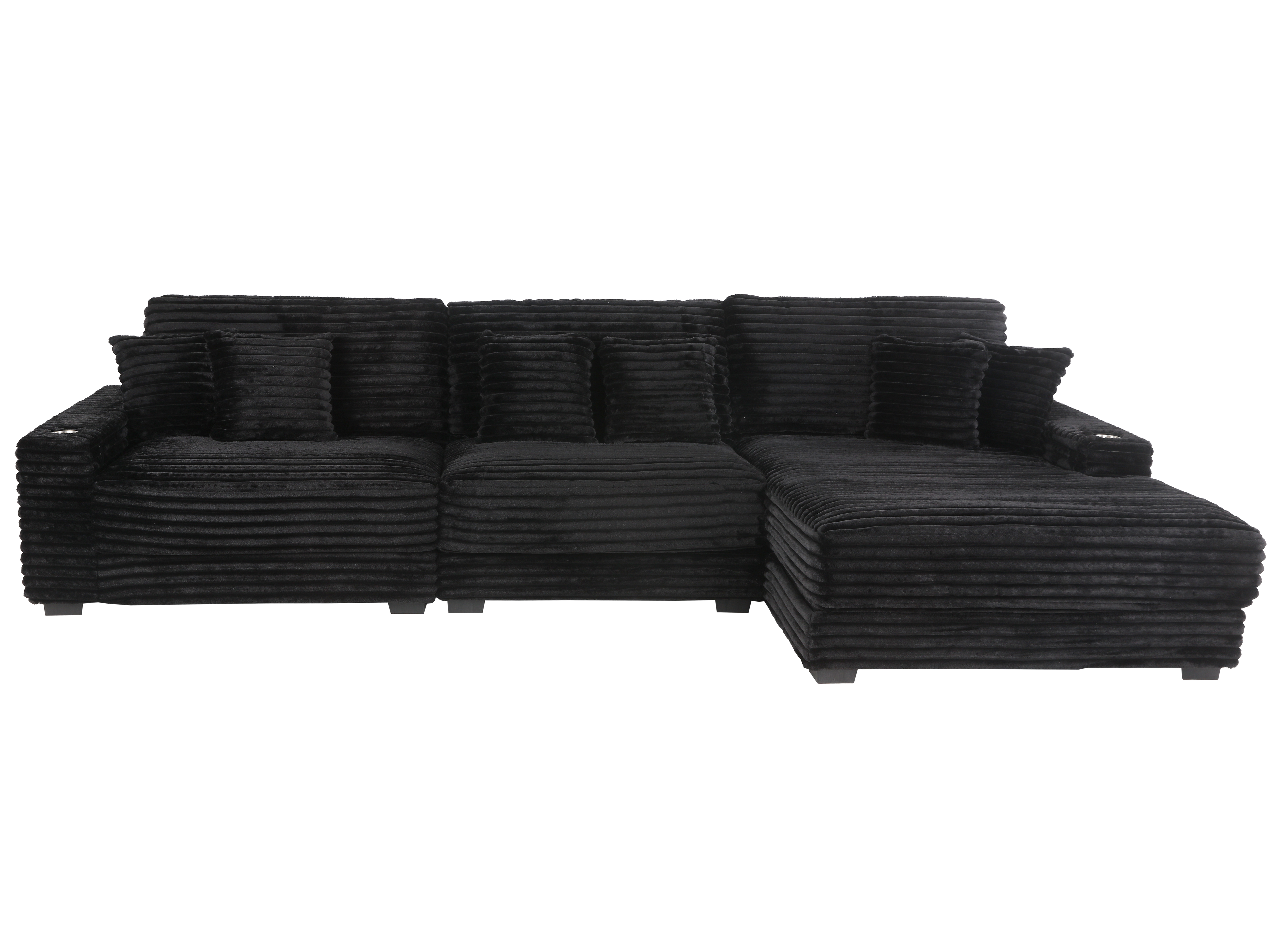 Midnight Black Wide Wale Corduroy Modular Sectional with Chaise, USB Charging & Cup Holders