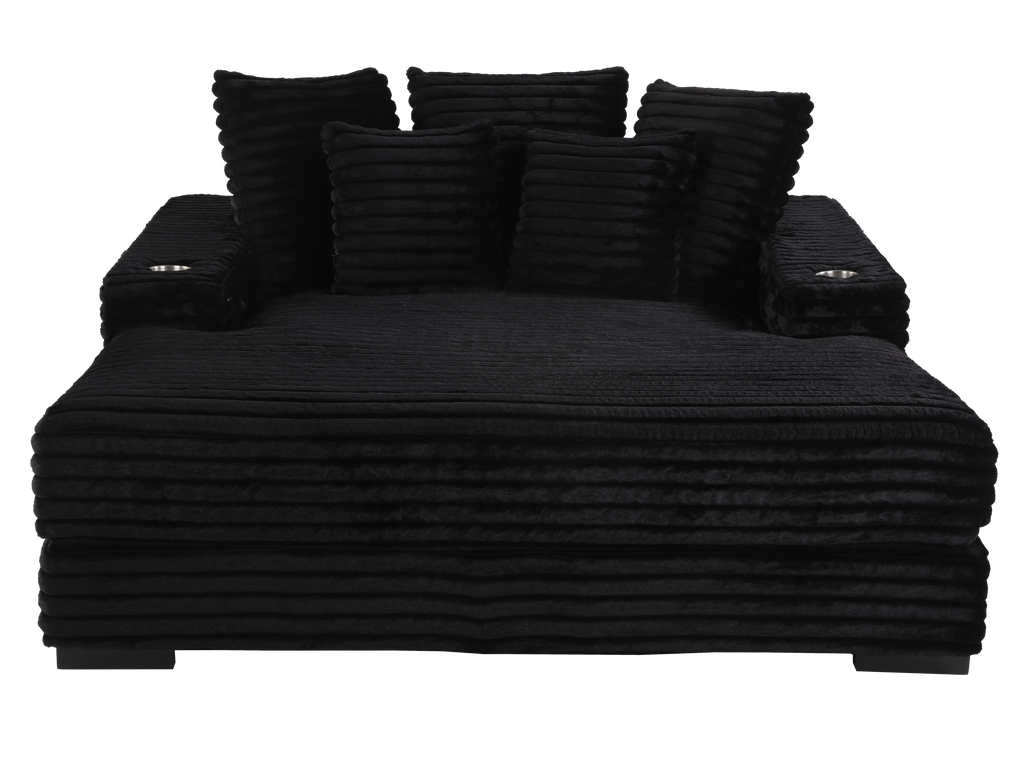 Midnight Black Velvet Chaise Lounge with Dual Cupholders & USB Charging Ports