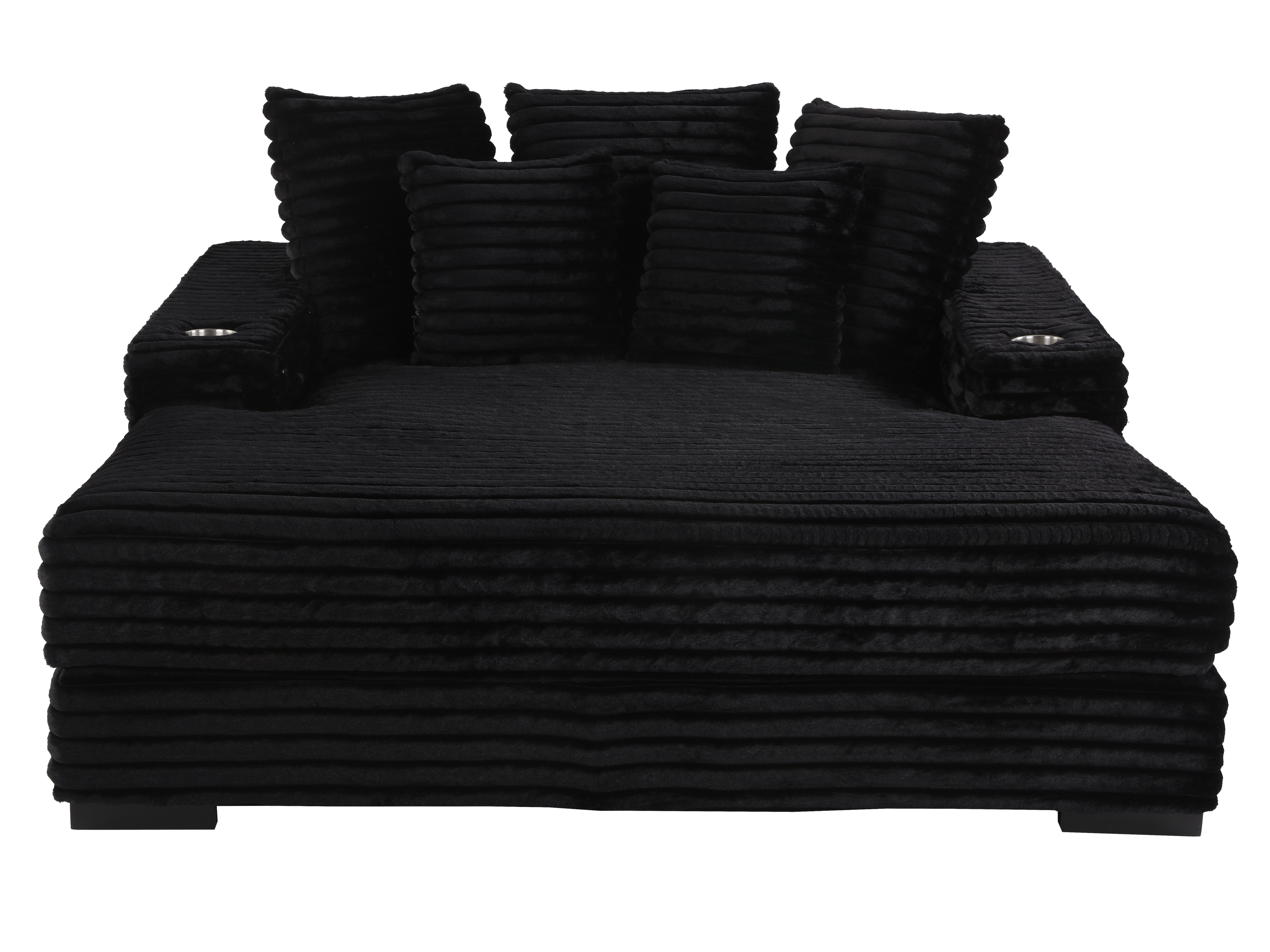 Midnight Black Velvet Chaise Lounge with Dual Cupholders & USB Charging Ports