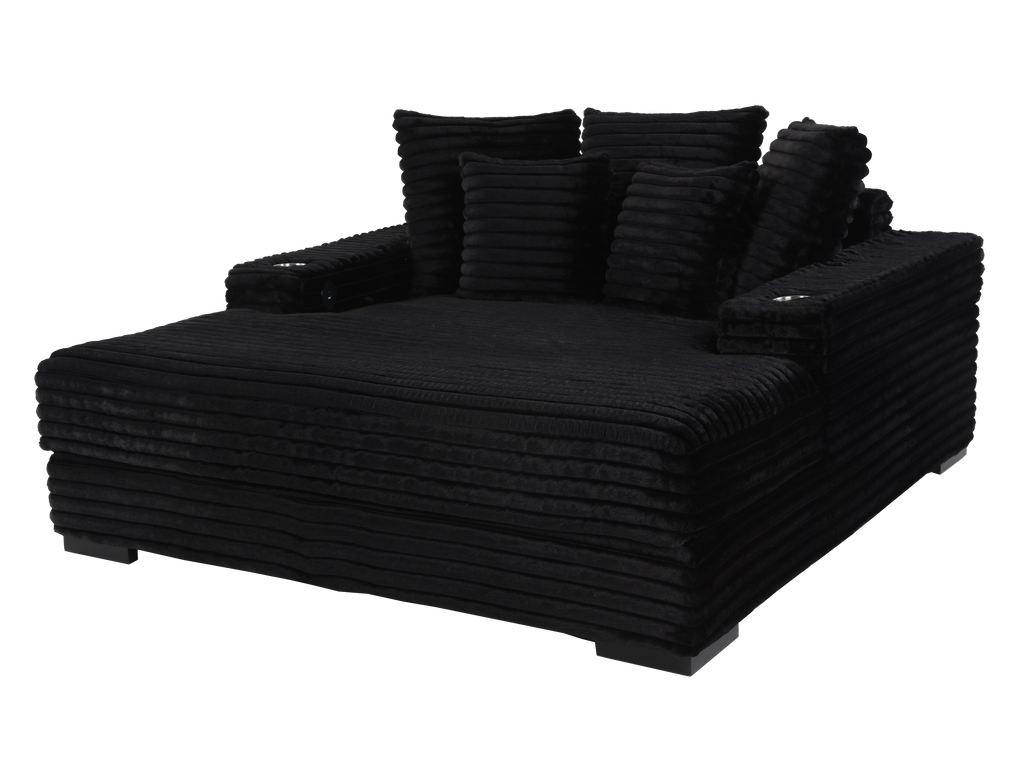 Midnight Black Velvet Chaise Lounge with Dual Cupholders & USB Charging Ports