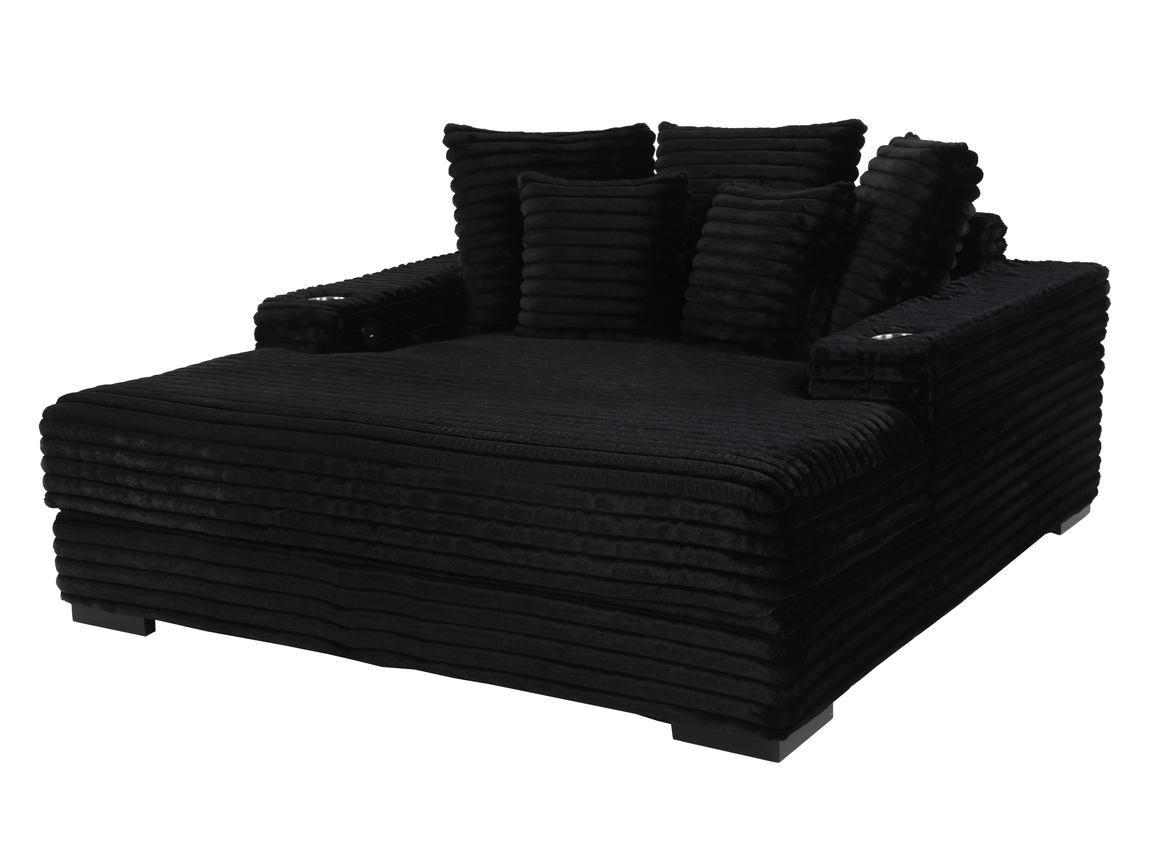 Midnight Black Velvet Chaise Lounge with Dual Cupholders & USB Charging Ports