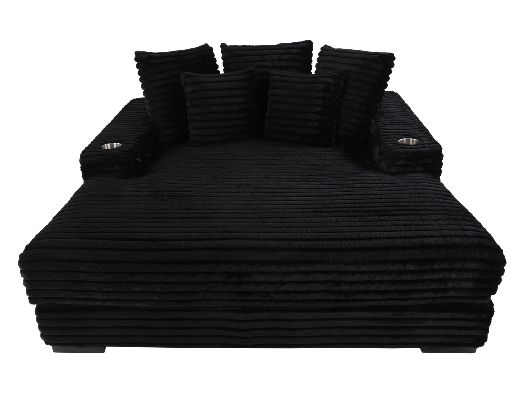 Midnight Black Velvet Chaise Lounge with Dual Cupholders & USB Charging Ports