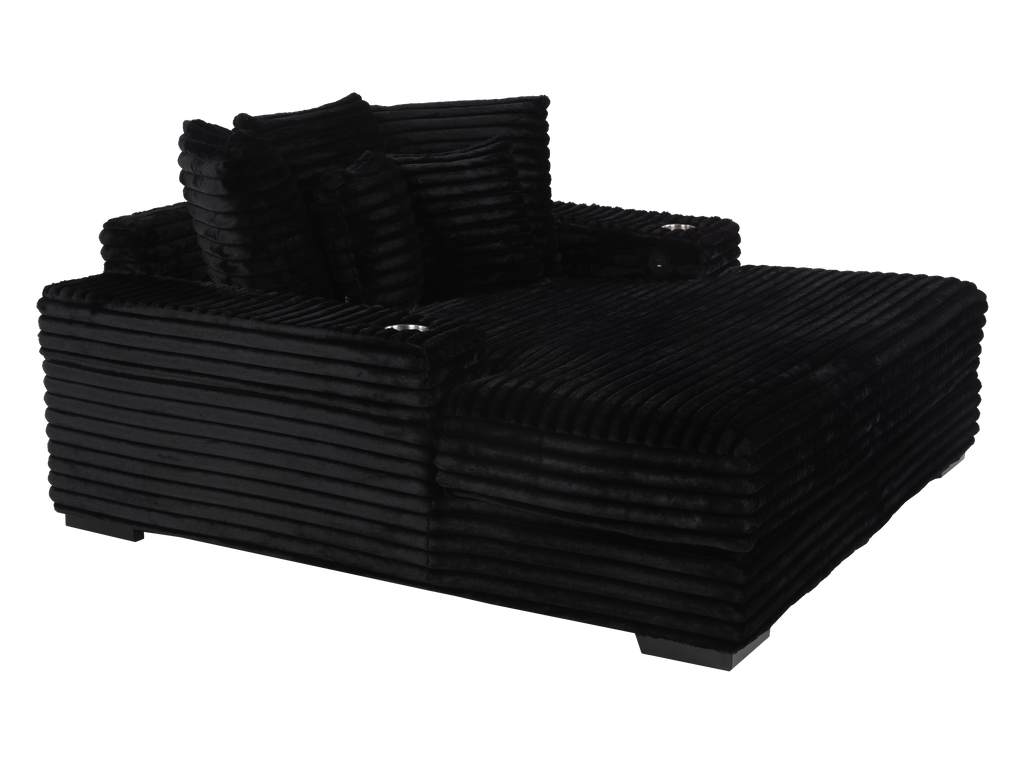 Midnight Black Velvet Chaise Lounge with Dual Cupholders & USB Charging Ports