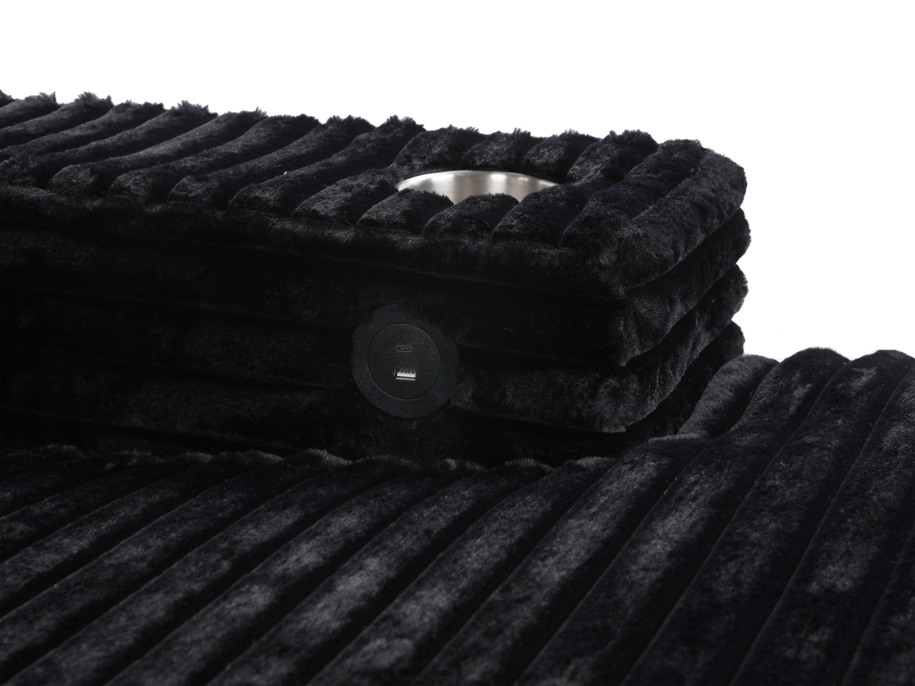 Midnight Black Velvet Chaise Lounge with Dual Cupholders & USB Charging Ports