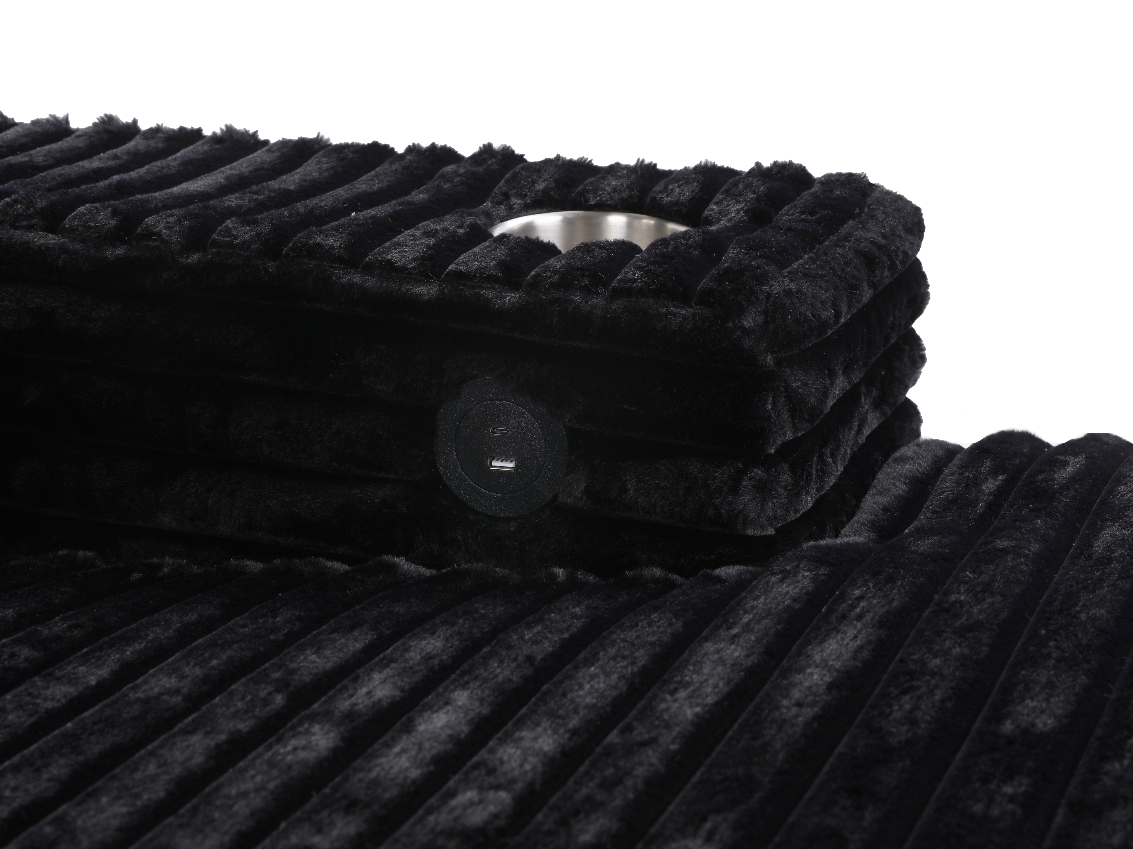 Midnight Black Velvet Chaise Lounge with Dual Cupholders & USB Charging Ports