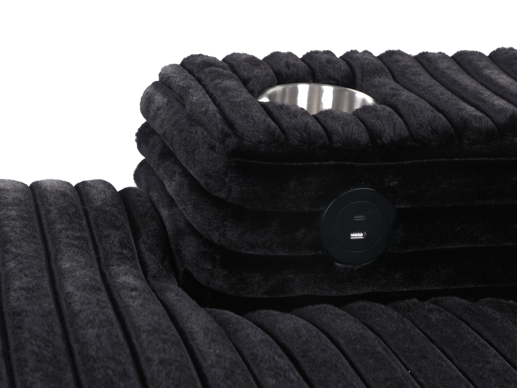 Midnight Black Velvet Chaise Lounge with Dual Cupholders & USB Charging Ports