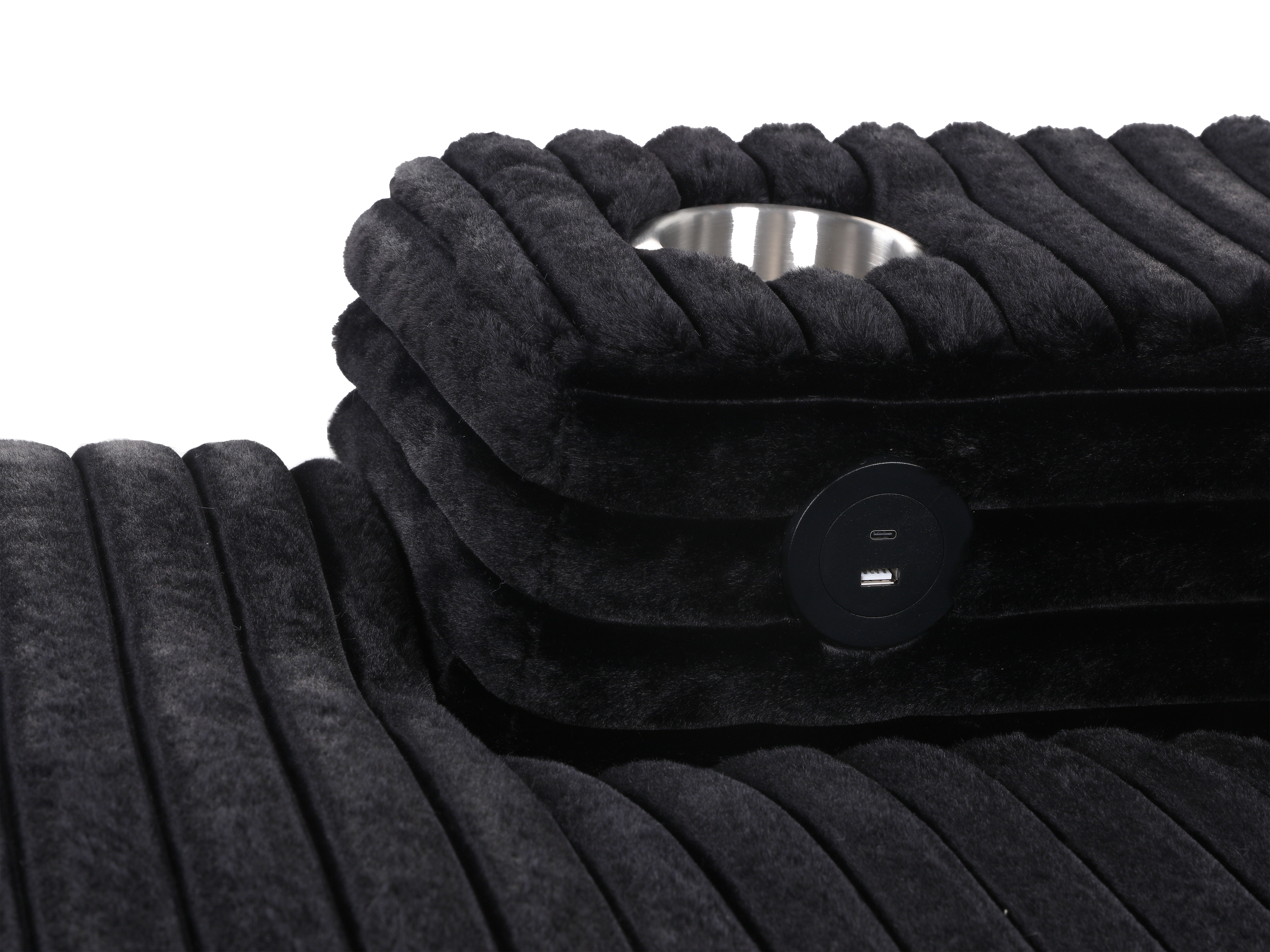 Midnight Black Velvet Chaise Lounge with Dual Cupholders & USB Charging Ports