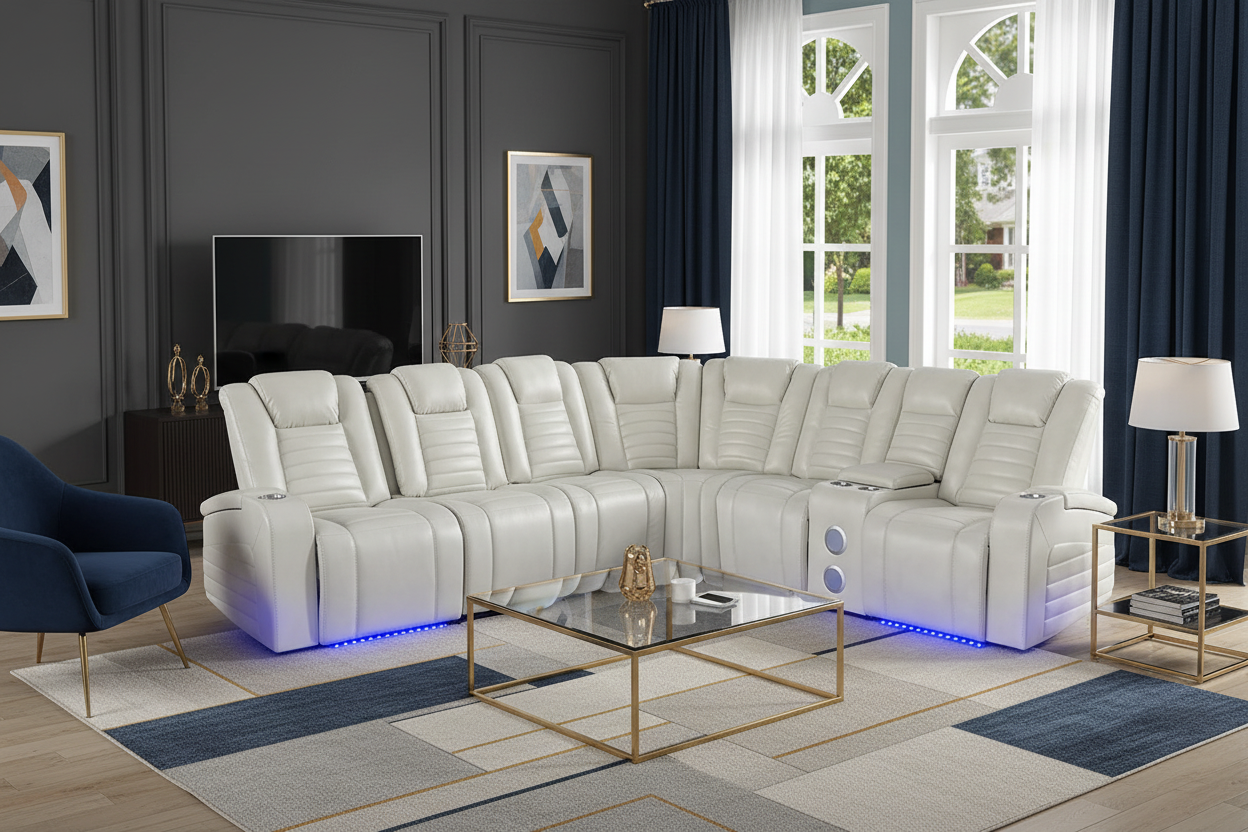 Modern Contemporary Cream Power Reclining Sectional w/ Power Headrests, LED, Wireless + USB Charging, Storage & Bluetooth Console
