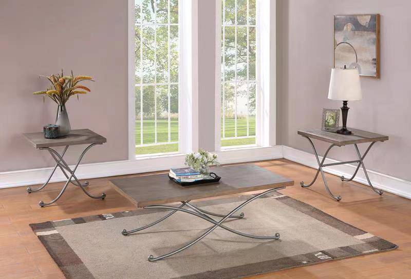 3-Piece Industrial Coffee Table Set with Metal X-Base & Wood Tops